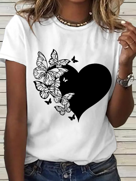 Women's Cotton Butterfly Crew Neck Simple T-Shirt, White, T-shirts