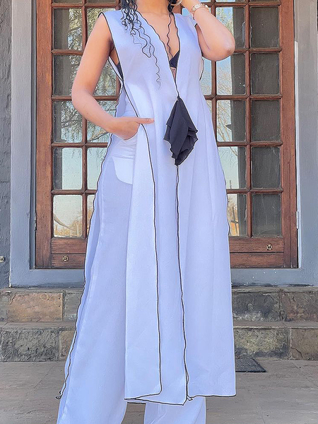

Color Block V Neck Sleeveless Regular Fit Urban Long Shirt, White, Blouses and Shirts