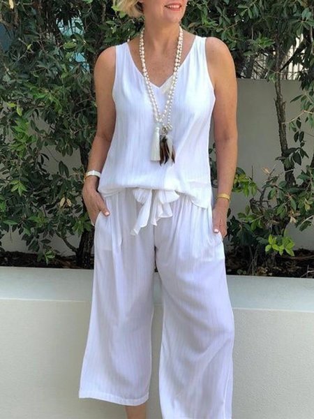 

Casual V Neck Loose Plain Two-Piece Set, White, Clothing