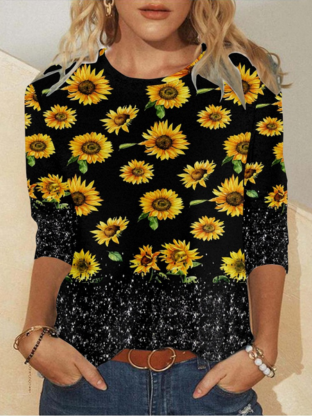 

Women's Floral Plants Sunflower Crew Neck Regular Fit Casual Plants Shirt, As picture, Long sleeves
