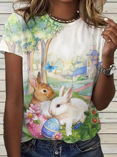 

Women's Simple Easter Rabbit Crew Neck Loose T-Shirt, Green, T-shirts