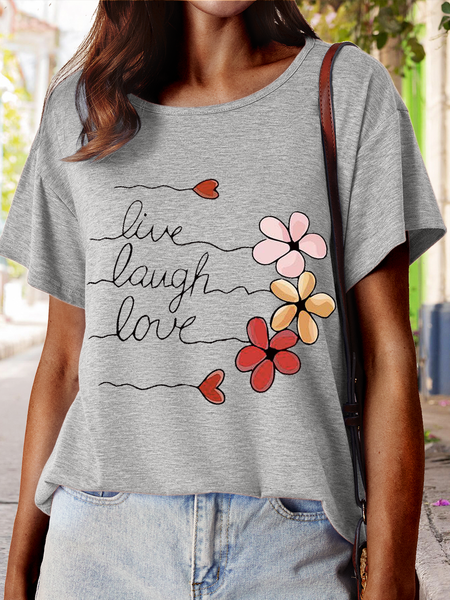

Women's Love Floral Print Casual Cotton T-Shirt, Gray, T-shirts