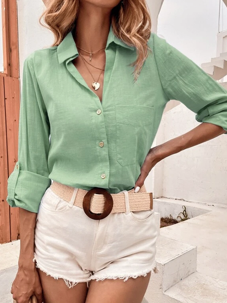 

Cotton And Linen Linen Shirt Collar Plain Blouse, Green, Shirts & Blouses