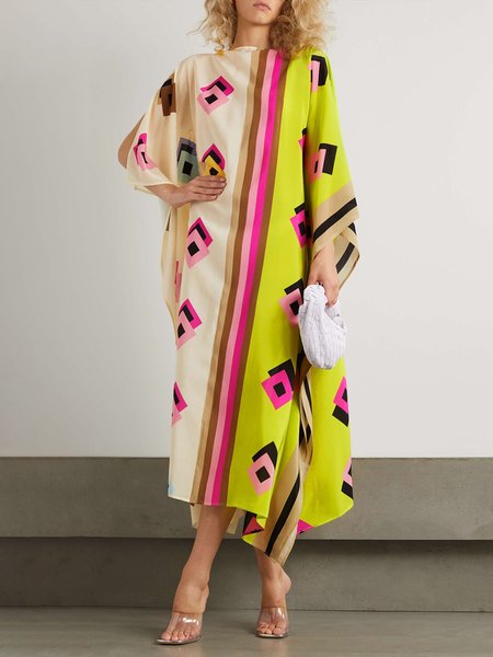 

Boat Neck Vacation Geometric Loose Dress, Yellow, Maxi Dresses