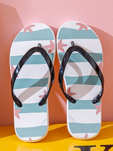

Star Pattern Striped Beach Flip-Flops, Black, Slippers
