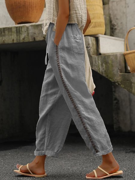 Loose Casual Hollow Out Lace Pockets Drawstring Waist Plain Pants, Gray, Pants