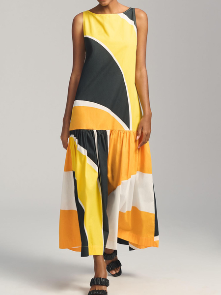 

Vacation Sleeveless Abstract Loose Crew Neck Long Dress, Yellow, Maxi Dresses