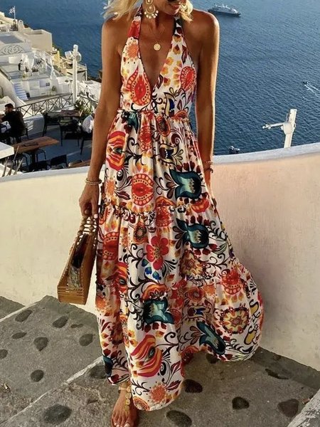 

Floral Regular Fit Halter Vacation Dress, Red, Maxi Dresses