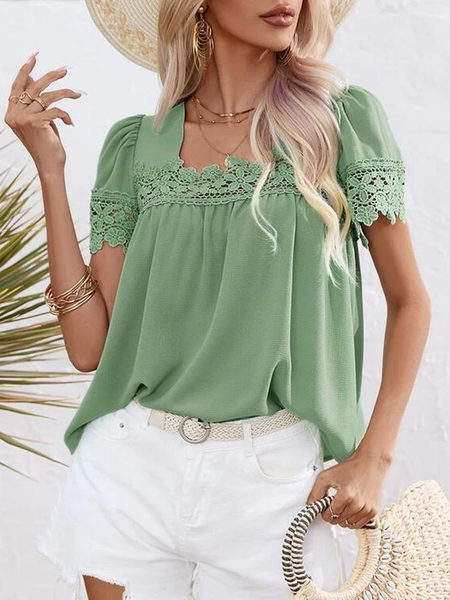 

Lace Square Neck Puff Sleeve Blouse, Green, Shirts & Blouses