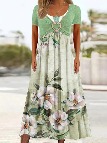 

Floral V Neck Loose Elegant Dress, Green, Dresses