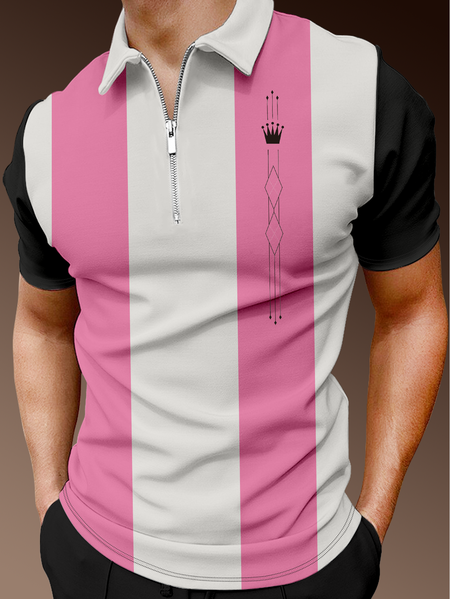 

Casual Art Collection Striped Geometric Color Block Lapel Short Sleeve Polo Print Top, Pink, Polo Shirts