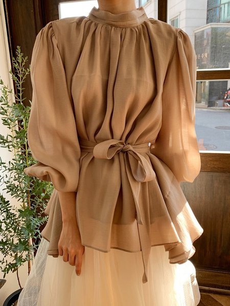 

Elegant Plain Regular Fit Stand Collar Shirt, Khaki, Blouses and Shirts