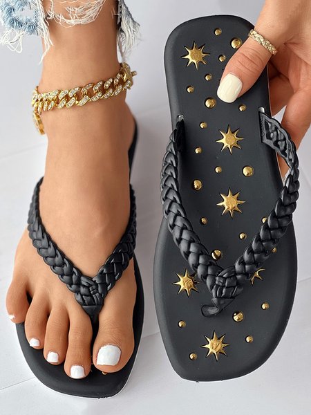 

Stars Pattern Braided Flip-Flops, Black, Slippers