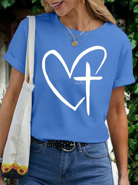 

Women's Heart Cross Cotton Crew Neck Casual T-Shirt, Blue, T-shirts