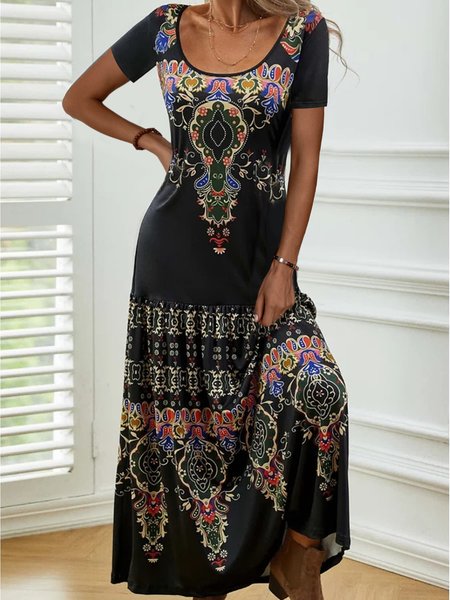 

Crew Neck Ethnic Regular Fit Dress, Black, Dresses