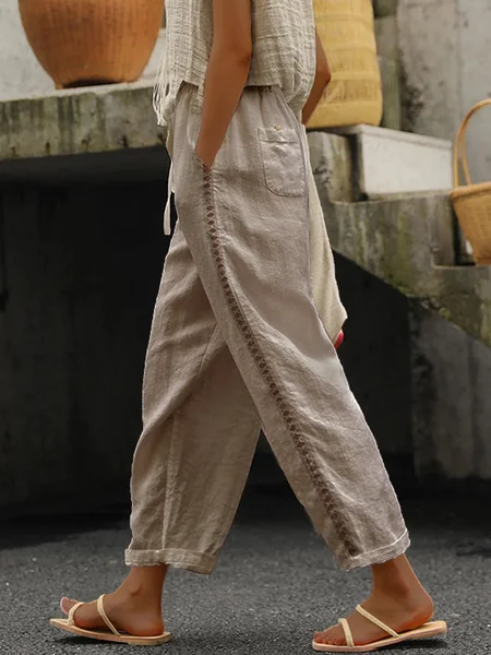 

JFN Cotton Loose Casual Drawstring Plain Pants, Khaki, Pants