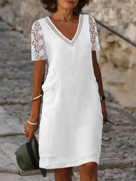 

Casual Plain Lace V Neck Dress, White, Dresses