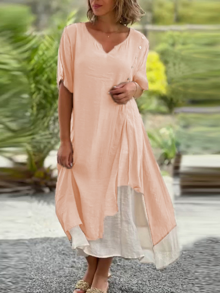 

Summer Plain V Neck Button Loose Short sleeve Linen Dress, Khaki, Maxi Dresses