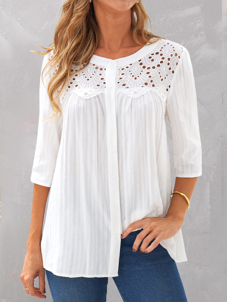 

Loose Buttoned Crew Neck Linen Blouse, White, Shirts & Blouses