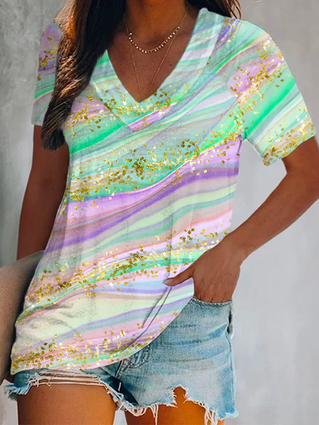 

Casual Color Block V Neck Loose T-Shirt, Green, T-Shirts