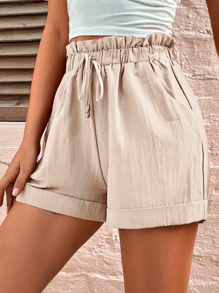 

Plain Cotton Casual Loose Rolled Hem Paperbag Waist Shorts, Khaki, Shorts