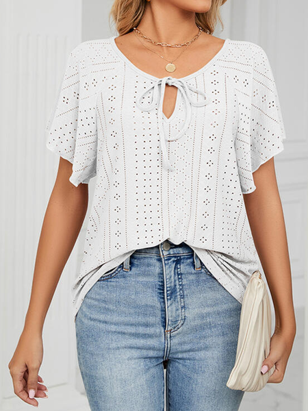

Knitted Casual Lace-Up Crew Neck Shirt, White, Shirts & Blouses