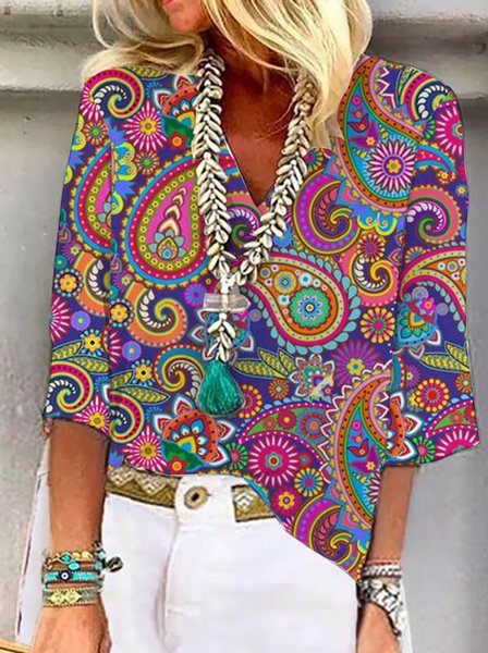 

V Neck Casual Loose Cashew Flowers Shirt, Rose red, Shirts & Blouses