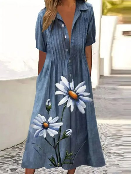 

Casual Loose Floral Shawl Collar Dress, Blue, Dresses
