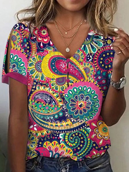 

Casual Cashew Flowers Knitted V Neck T-Shirt, Rose red, T-Shirts