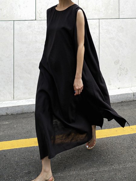 

Long Crew Neck Cotton Elegant Loose Dress, Black, Maxi Dresses