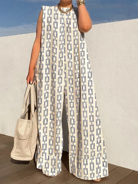 

Loose Urban Crew Neck Sleeveless Jumpsuit, Blue, Jumpsuits