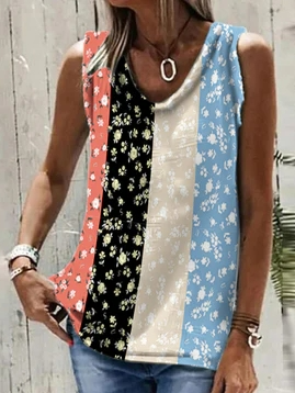 

Floral Loose Crew Neck Vacation Tank Top, Blue, Tanks & Camis