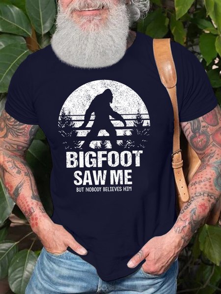 

Men's Bigfoot Saw Me But Nobody Believes Him Funny Outdoor Camping Graphic Print Crew Neck Casual Cotton Text Letters T-Shirt, Purplish blue, T-shirts