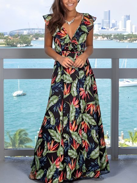 

Vacation Floral V Neck Regular Fit Dress, As picture, Maxi Dresses