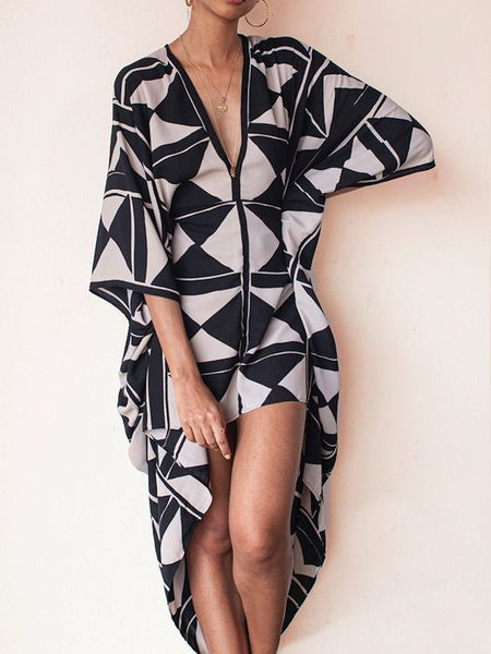 

Loose V neck Vacation Short sleeve Geometric Skirt Dress, Black, Mini Dresses
