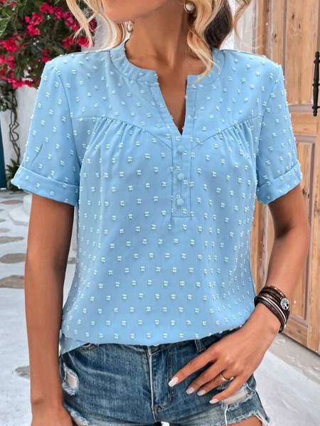 V Neck Plain Vacation Blouse, Blue, Blouses