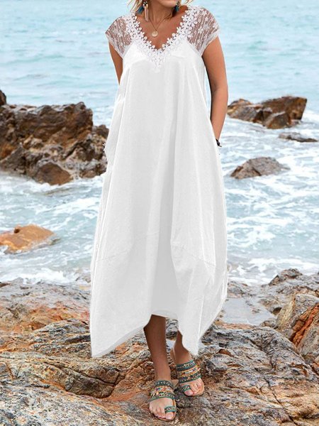 

Casual Loose Plain Lace Dress, White, Dresses