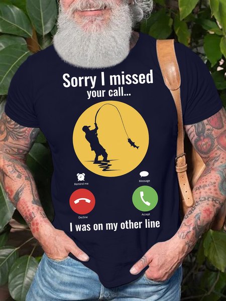 

Men's Sorry I Missed Your Call I Was On My Other Line Funny Fishing Graphic Printing Crew Neck Text Letters Casual Cotton T-Shirt, Purplish blue, T-shirts