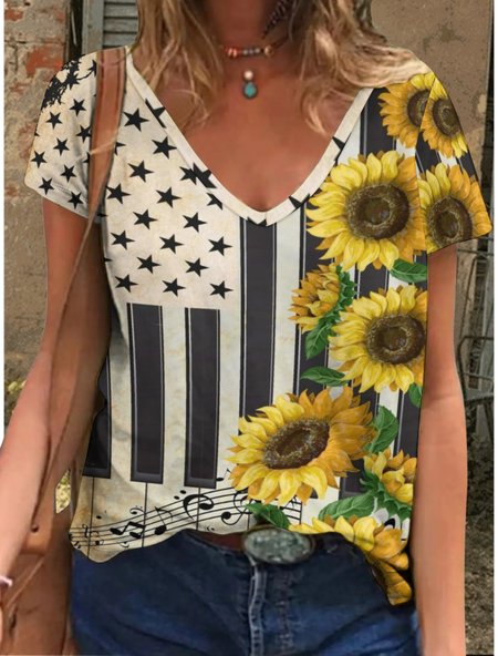 

Women's Simple American Flag Sunflower Crew Neck T-Shirt, Yellow, T-shirts