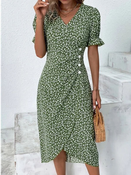 

Vacation Floral V Neck Dress, Green, Dresses