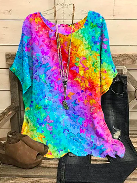 

Vacation Butterfly Crew Neck Shirt, Blue, Shirts & Blouses