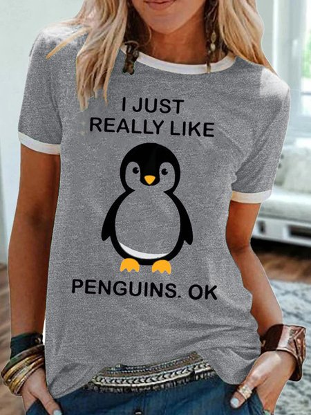 

Women's I Just Really Like Penguins Print Butterfly Crew Neck Casual T-Shirt, Gray, T-shirts