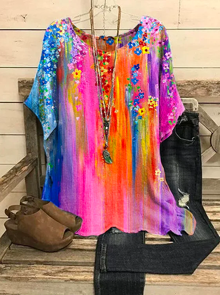 

Loose Ombre Vacation Crew Neck Shirt, Pink, Shirts & Blouses
