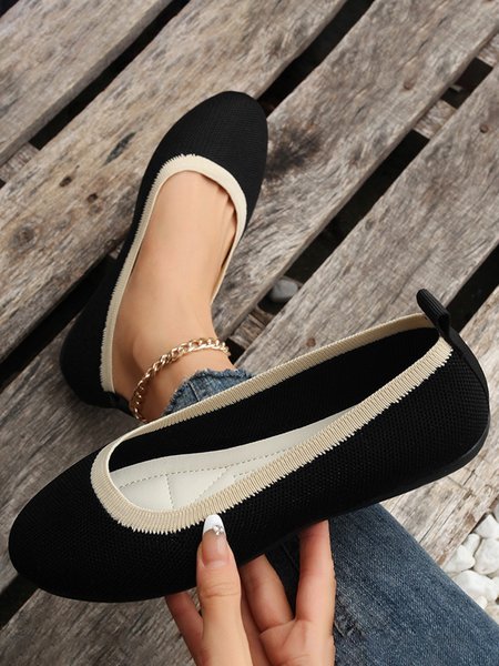 Contrast Casual Breathable Flyknit Flats, Black, Flats