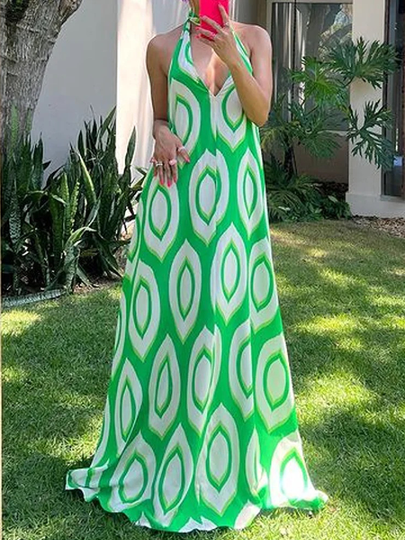

Loose Halter Sleeveless Vacation Geometric Long Dress, Green, Maxi Dresses