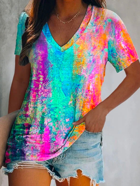 

Loose Ombre V Neck Vacation T-Shirt, Blue, T-Shirts