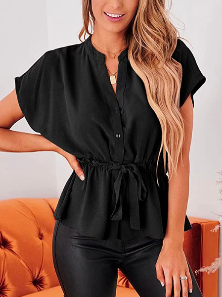 

Urban Plain Buttoned Shirt Collar Blouse, Black, Shirts & Blouses