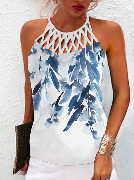 

Loose Vacation Floral Spaghetti Tank Top, Blue, Tanks & Camis