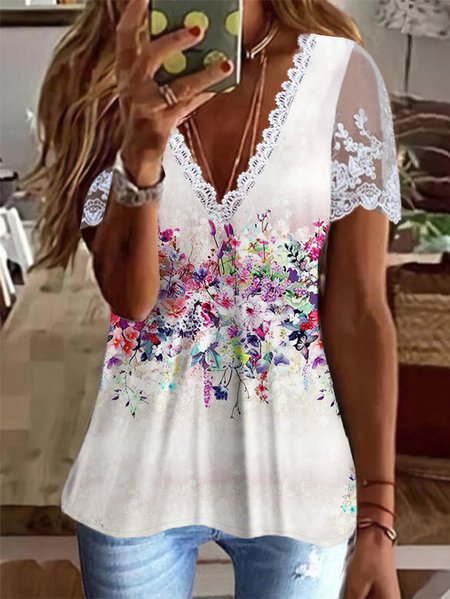 

V Neck Floral Casual Shirt, White, Shirts & Blouses