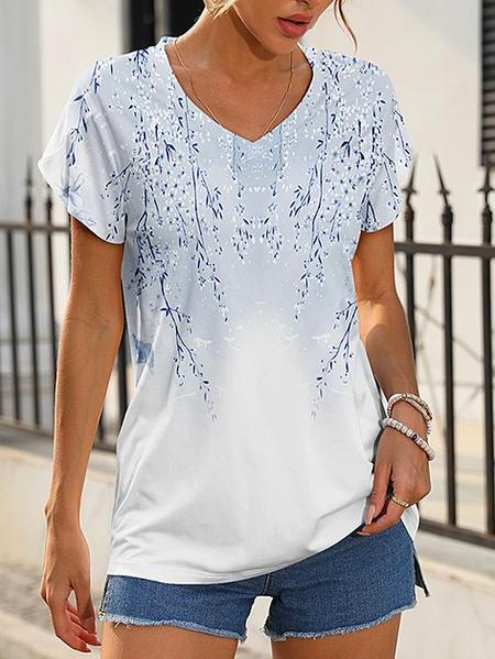 

Loose Vacation V Neck White & Blue Floral T-Shirt, T-Shirts